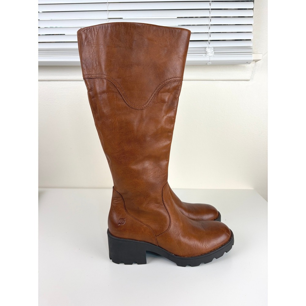 Born Brown Leather Tall Boots Size 7 Chunky Heel Lug Sole Side Zip